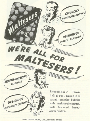 An advertisement from 1936 for chocolate candy Maltesers.