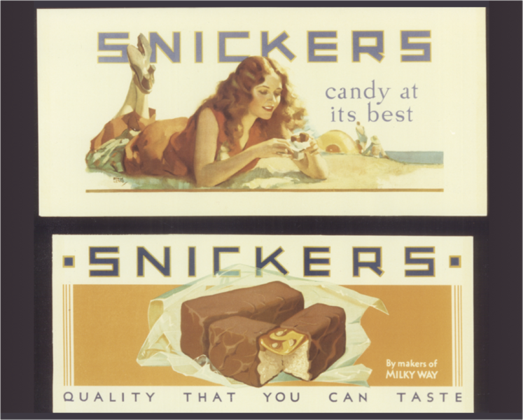 SNICKERS advertisements from 1930 that say “candy at its best” and “quality that you can taste”.